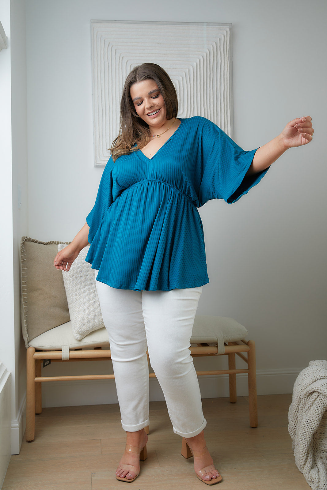 Storied Moments Draped Peplum Top in Teal