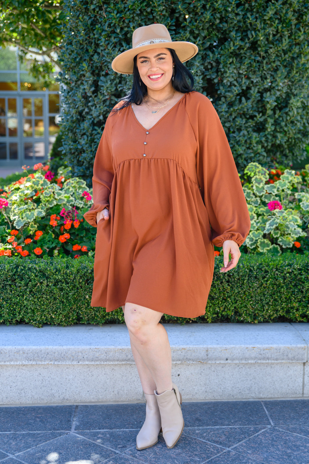 All For One Babydoll Dress In Rust