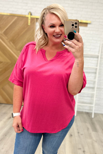 Notched Neck Drop Sleeve Top in Hot Pink