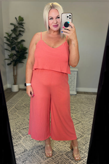 Ribbed Double Layer Jumpsuit in Deep Coral